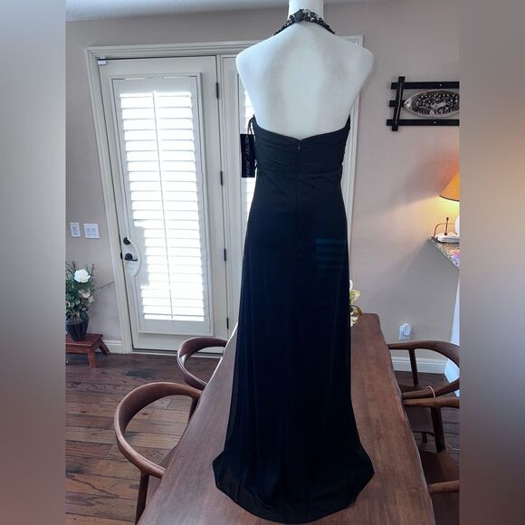 Elegant Black Sequin Halter Chiffon Gown Maxi Formal Mermaid Sz10 NWT Betsy Adam - Picture 6 of 15